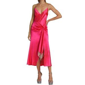 Cinq à Sept BNWT Kalena hot pink Silk embellished fringe Midi Dress size 0
